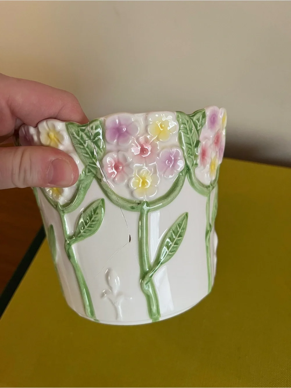 Floral Embossed Ceramic Planter Pot in White with Pastel Flowers